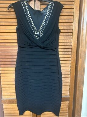 dressbarn Black Sleeveless V-Neck Sheath Dress with Jewel Trim